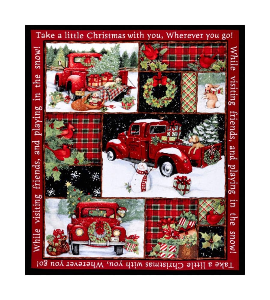 Red Truck Christmas Collage Fabric Quilt Panel - 100% Cotton