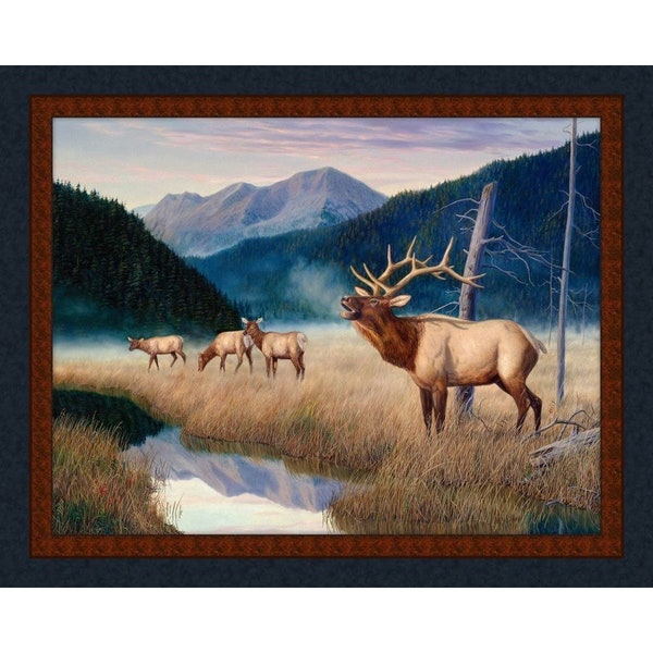 KING of the VALLEY, Elk Buck Deer Fabric Quilt Panel, 36" x 45", 100% Cotton Fabric