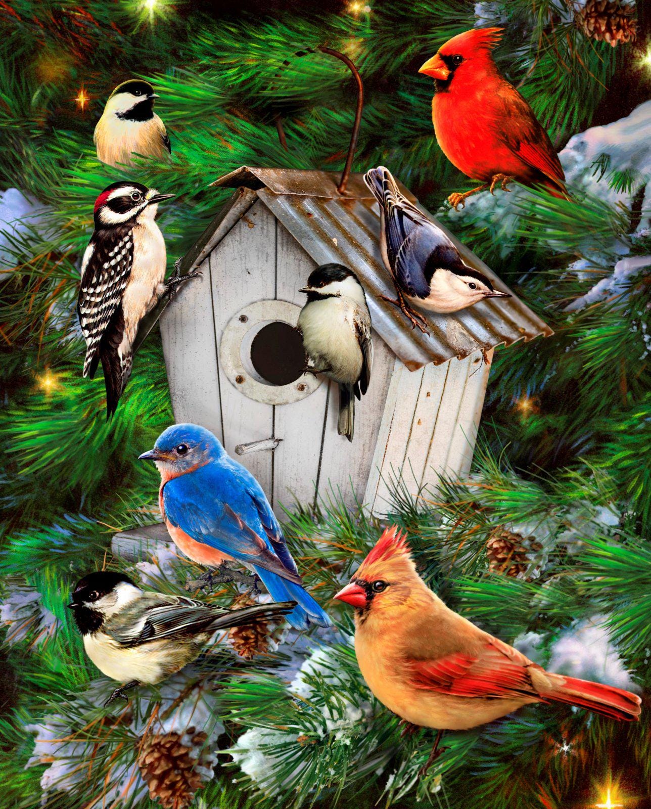 Bird Houses and Pines Panel Fabric Quilt Panel 36" x 45", by David Textiles