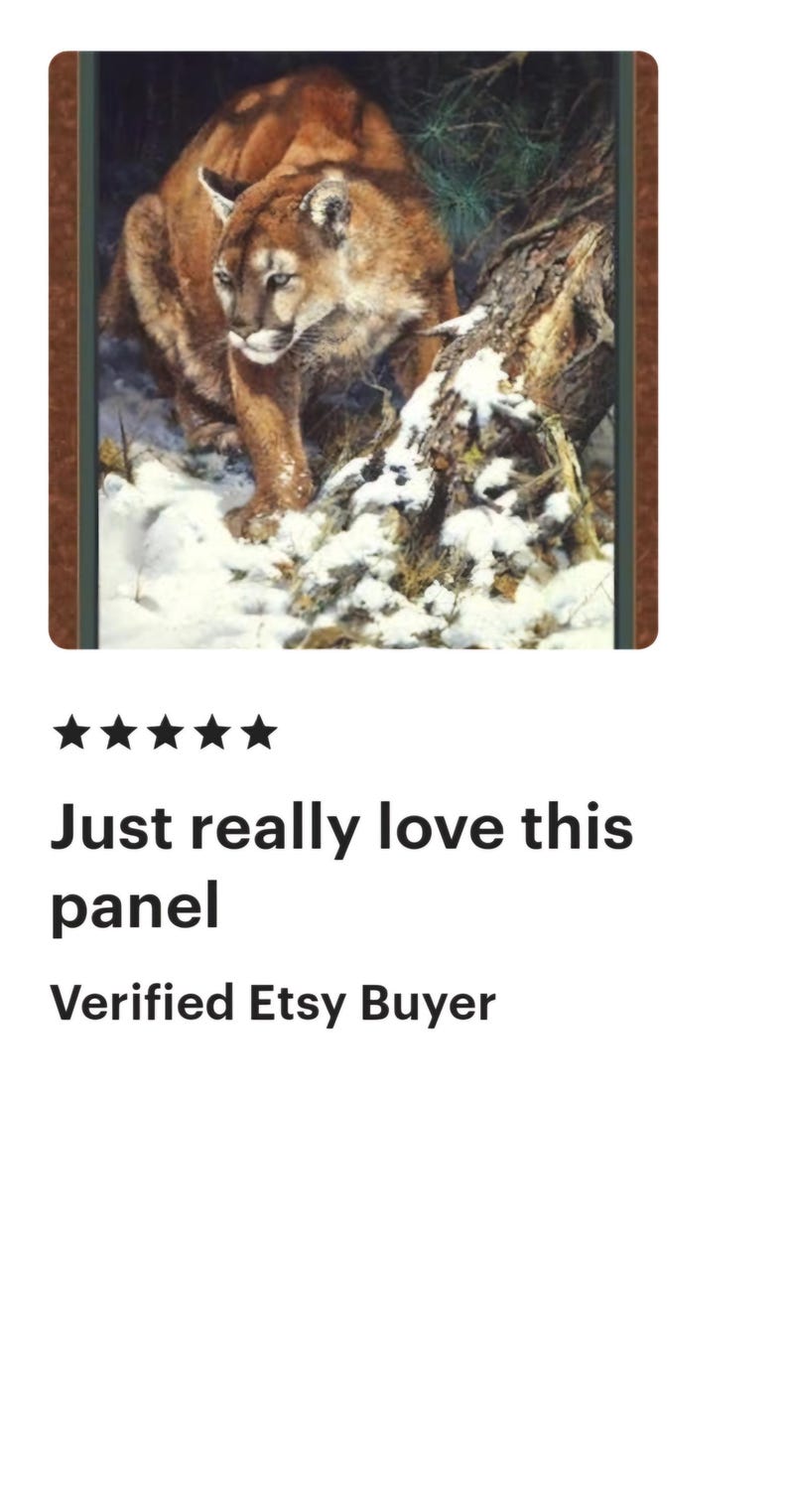 May include: A painting of a brown and tan cougar walking through a snowy forest. The cougar is looking to the left of the image. The forest is covered in snow and there are trees in the background.