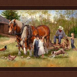 TAKING A BREAK - Farm Country Nostalgic  - Fabric Quilt Panel - 100% Cotton Fabric