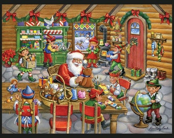 SANTA&#39;S TOY SHOP- Christmas Holiday - Fabric Quilt Panel - 100% Cotton Woven Fabric