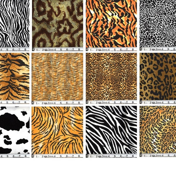 Animal Skin Fabric Prints, Tiger, Cheetah, Cow, Giraffe, Zebra, Exotic, 100% Cotton Fabric, Pre-Cut