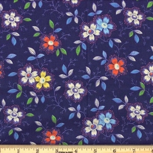 Happy Floral Navy Blue Flower Fabric 100% Cotton Fabric