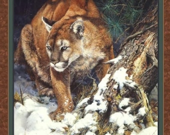 Winter Lookout, Mountain Lion Cougar Fabric Quilt Panel - 100% Cotton Fabric