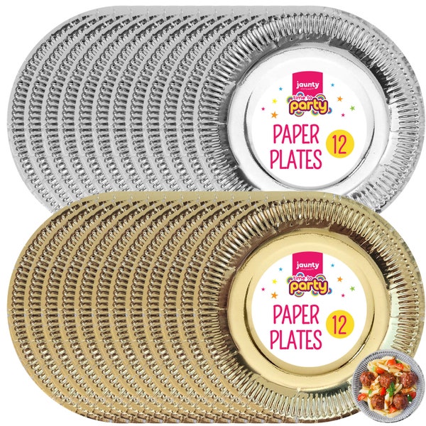 12pk gold silver paper plates 9 inch round | disposable party tableware events
