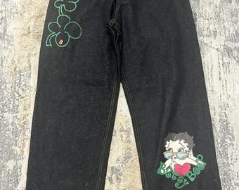 Spodnie jeansowe Betty Boop z kreskówkowym nadrukiem w kolorze czarnym, z szerokimi nogawkami, męskie i damskie, rozmiar 28