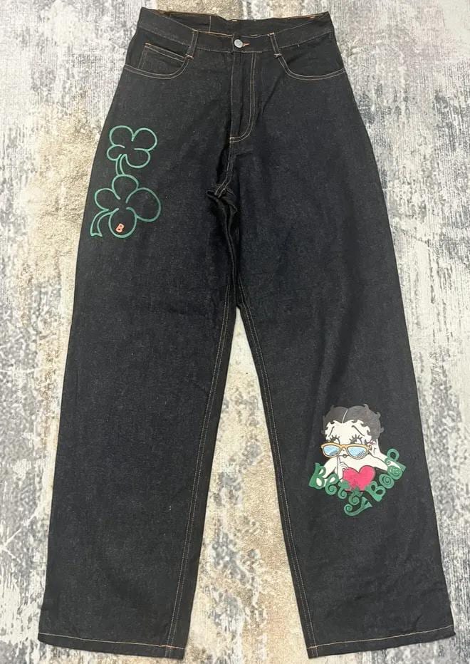 Betty Boop Jeans Cartoon Denim Black Baggy Denim Pant Men Women