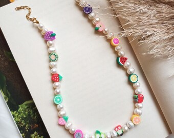 Pearl necklace for women with fruits beads necklace, Summer jewelry, Funky Necklace