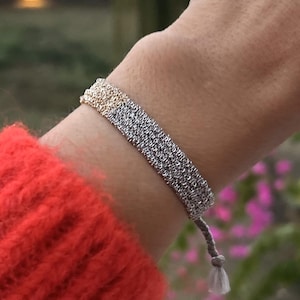 Handwoven Loom Bracelet for Women – Adjustable Silver & Gold Woven Cuff – Minimalist Friendship Bracelet – Everyday Boho Gift
