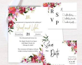 The Elise Blush Floral Wedding Invitation Template|Wedding Invitation Template Suite|Burgundy Wedding Invitation|Editable on Canva