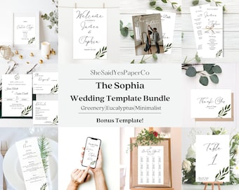 The Sophia Greenery Wedding Template Bundle|Eucalyptus Wedding Invitation Template|Wedding Stationary Template Kit|Canva Wedding Suite