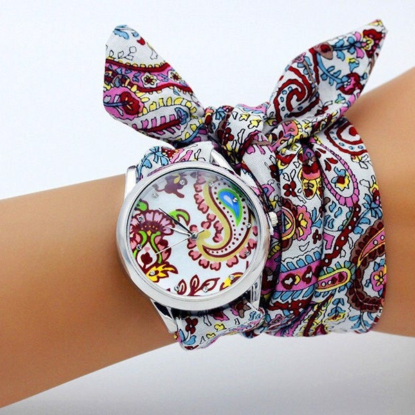 Majolilouna - Montre femme bracelet tissu arabesque réglable coton cadran argenté mode ruban foulard