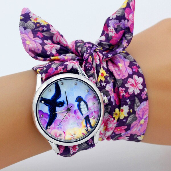 Montre foulard interchangeable femme bracelet tissu hirondelle réglable coton cadran argenté mode ruban