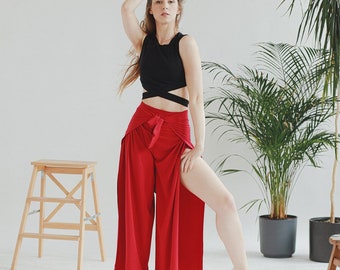 Poppy red pareo pants, slit pants, yoga pants, cut-out pants, wrap pants, wrap-around pants, Thai pants