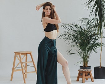 Emerald green pareo pants, wrap pants, Brazilian zouk pants, side slit trousers, yoga pants, Thai pants