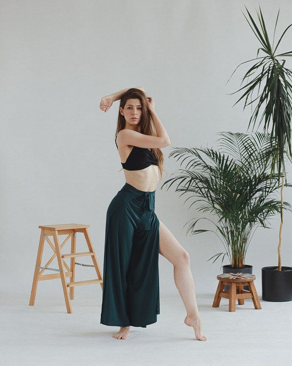 Emerald Green Pareo Pants, Wrap Pants, Brazilian Zouk Pants, Side Slit  Trousers, Yoga Pants, Thai Pants 