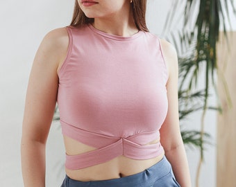 Powder pink crop top, cut-out top, tied top