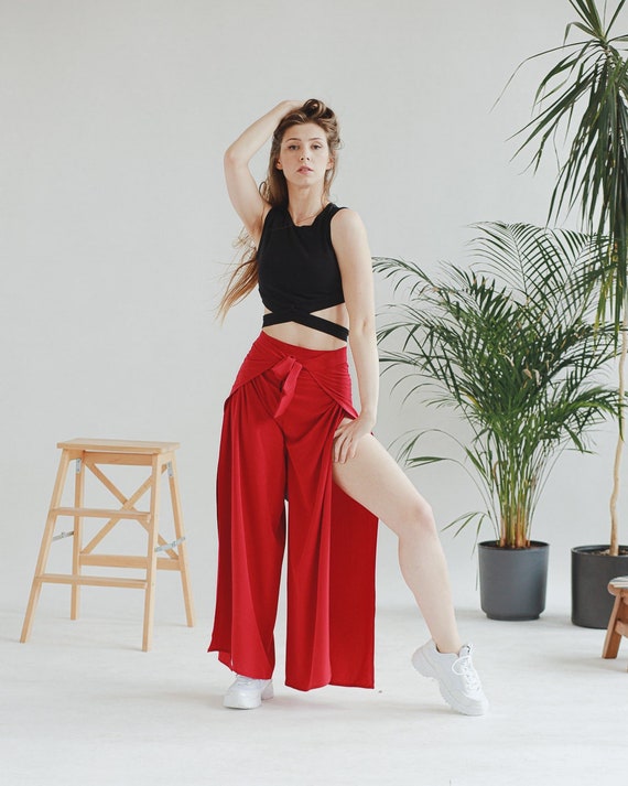 Poppy Red Pareo Pants, Slit Pants, Yoga Pants, Cut-out Pants, Wrap Pants,  Wrap-around Pants, Thai Pants 