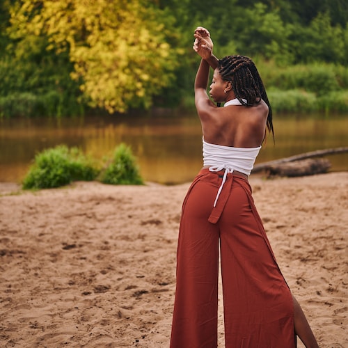 Pantalon paréo en viscose couleur cannelle, pantalon portefeuille fendu sur le côté