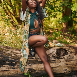 Heaven Island Viskose Kimono Robe, Tropischer Print Poncho