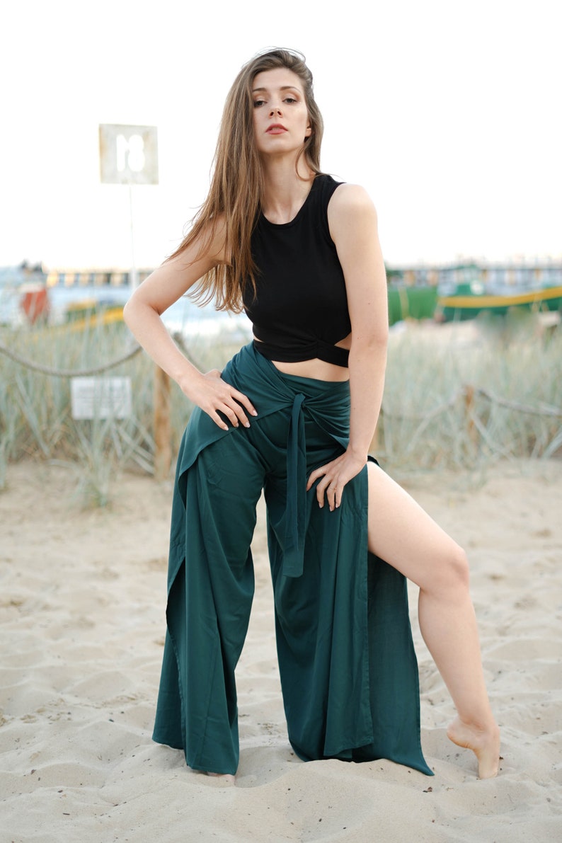 Emerald green pareo pants, wrap pants, Brazilian zouk pants, side slit trousers, yoga pants, Thai pants image 6