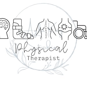 Könnte beinhalten: Eine Schwarz-Weiß-Strichzeichnung mit medizinischen Symbolen, darunter ein Gehirn, ein medizinischer Stiefel, eine Wirbelsäule, ein Kniegelenk und ein Rollstuhl. Die Worte "Physical Therapist" sind in Kursivschrift geschrieben.