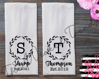 Personalized Dish Towel Custom Family Name Flour Sack Tea Towel Kitchen Towel Gift Exchange Housewarming Wedding Bridal Shower Hostess Gift