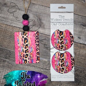 Scented Car Air Freshener Car Coasters (Set of 2) Pink Glitter Sequin Leopard Print Cute Car Accessories