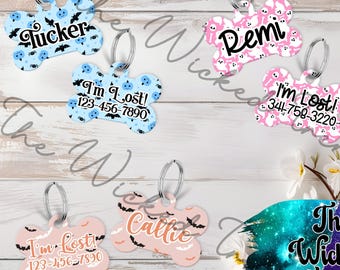 Halloween Bats Ghosts Personalized Pet Dog Name ID Tag Double Sided Aluminum Custom Dog ID Cute Halloween Dog Tag