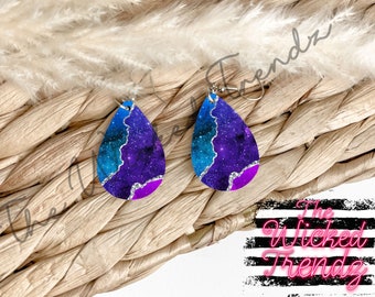 Dangle Earrings Cute Tear Drop Earrings Geode Agate Marble Blue Purple Silver Glitter Galaxy Stars Lightweight Earrings Gift For Her