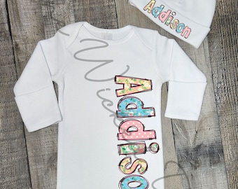 Baby Gown Baby Hat Layette Custom Name Personalized Newborn Baby Girl Coming Home Outfit Take Home Outfit Baby Shower Gift Flowers Floral