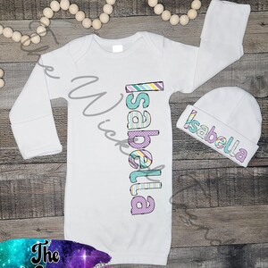 Teal Purple Baby Layette Gown Hat Custom Name Personalized Newborn Baby Girl Coming Home Outfit Take Home Outfit Baby Shower Gift