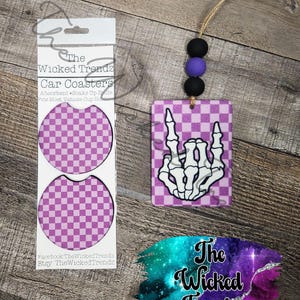 Scented Car Air Freshener Car Coasters (Set of 2) Purple Checkered Print Skeleton Hand Cute Car Accessories