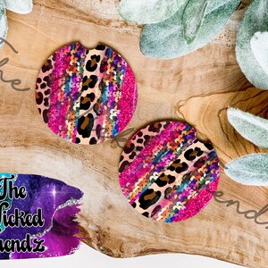 Car Coaster Pink Sequin Glitter Leopard Print Set of 2 Cup Holder Accessories