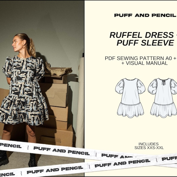 RUFFLE dress x PUFF sleeve //Bundle // Digital PDF // Sewing pattern  // diy dress // Size xxs-xxl // Instant download // Printable