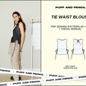 TIE WAIST blouse // Digital PDF // Sewing pattern  // diy pull-over blouse // Size xxs-xxl // Instant download // Printable