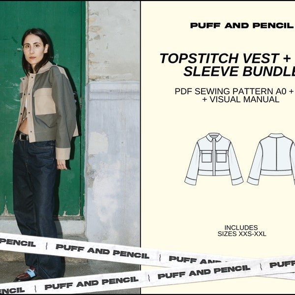 Gilet TOPSTITCH + pochette BOX // Bundle // PDF numérique // Patron de couture // veste DIY // Taille xxs-xxl // Téléchargement immédiat // Imprimable