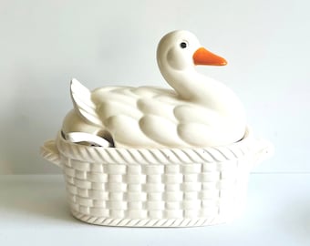Vintage Ceramic Duck Goose Soup Tureen with Ladle Farmhouse Serving Dish Gravy Boat