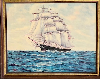 Vintage Color Clipper Ship Print on Canvas: Wood Framed Nautical Maritime Wall Decor