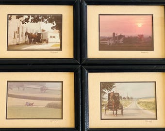 Amish Farmhouse Photo Prints, Folk Art Black Framed Horse and Carriage, Landscape, Farmhouse, Set of 4