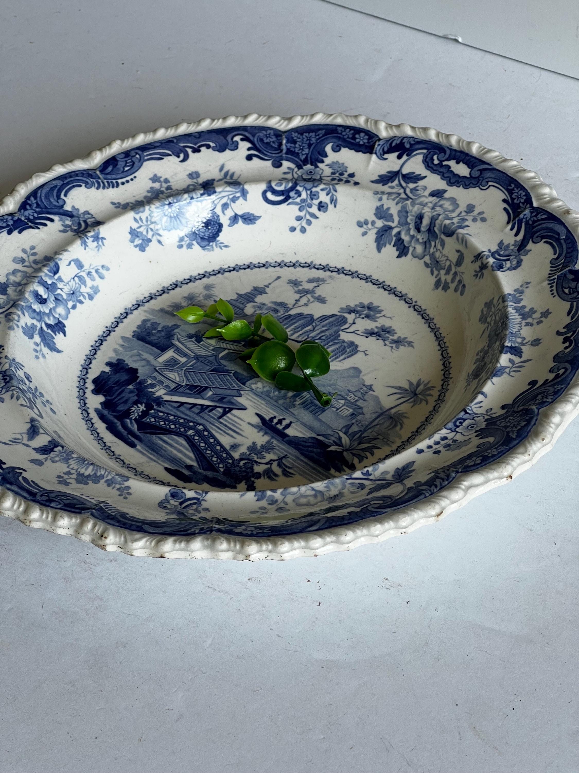 Antique Minton Blue Transferware Soup Plate: Chinese Marine Opaque