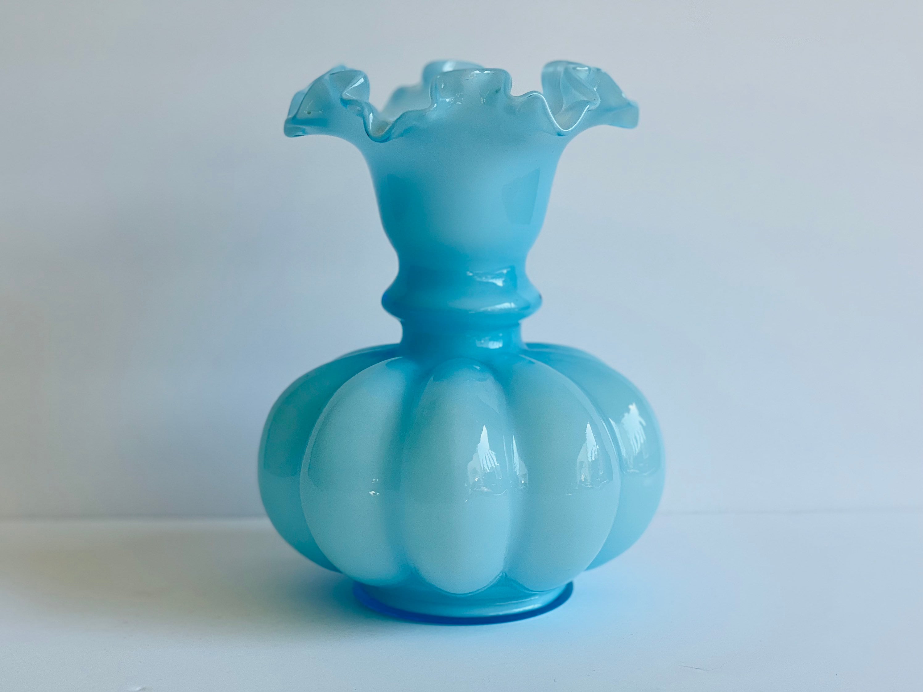 Fenton Melon Vase Ruffled Light Blue Crimped Edge Cased Blue Etsy