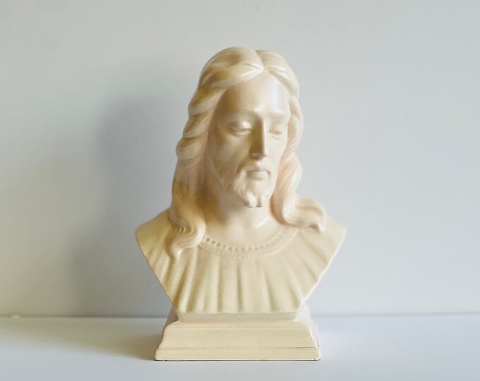 Ceramic Jesus Figurine Religious Bust Christian Home Decor Glazed Cream