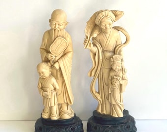 Vintage A Santini Asian Figurines on Pedestals Signed Italian Sculptures Mid Century Home Decor