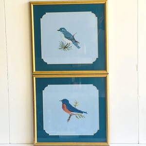 Vintage Cross Stitched Bluebirds Framed Embroidered Bird Art Needlepoint Bird Wall Art Gift for Bluebird Lover