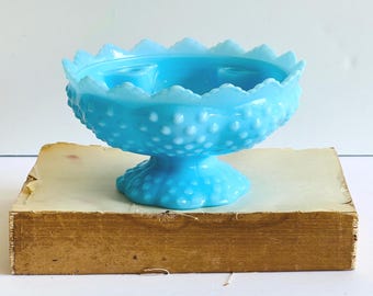Vintage Fenton Turquoise Hobnail Candle Holder, Blue Milk Glass Candle Bowl