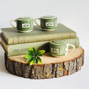 May include: Three green and white ceramic salt shakers with handles, each featuring a rectangular design with a floral motif. The shakers are arranged on top of vintage green books and a wooden slice.