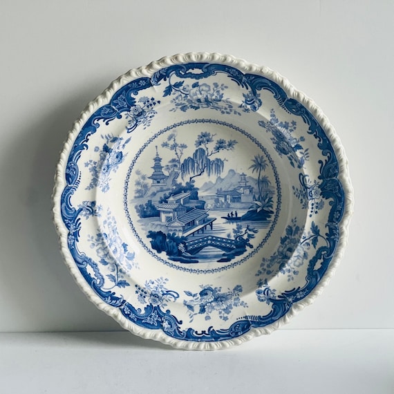Antique Minton Blue Transferware Soup Plate: Chinese Marine Opaque