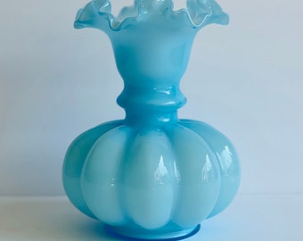 Fenton Melon Vase Ruffled Light Blue Crimped Edge Cased Blue Glass over Milk Color 1940 Art Deco Style Shelf Decor Fenton Collectible